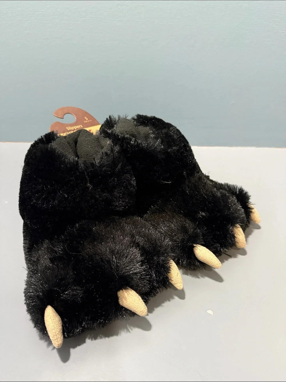 Lazy One Black Plush Bear Paw Slippers with Tan Claws